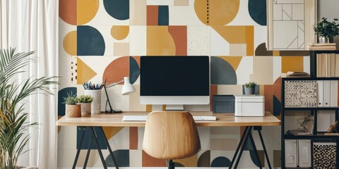 Tribal wallpaper with bold geometric shapes in earthy tones in a creative workspace
