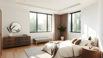 Fototapeta premium Modern minimal bedroom interior design. Generative AI