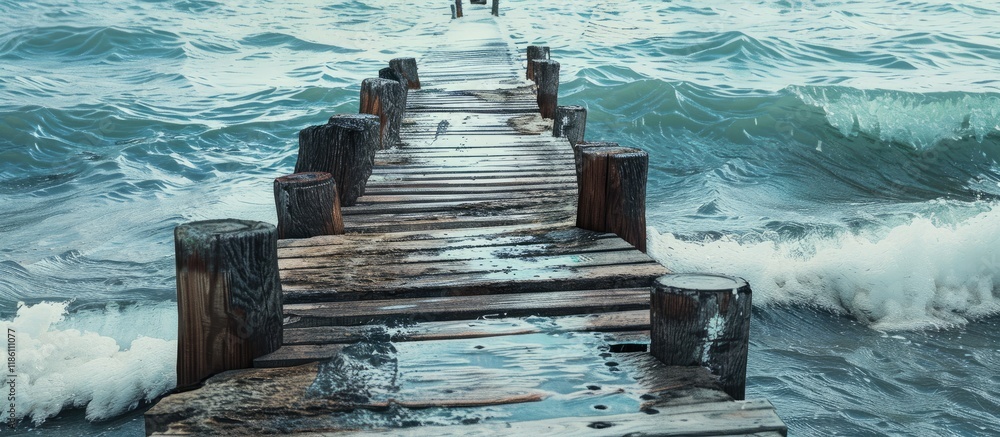 Poster old wooden seaside pier remnants of aged piers close to the ocean water. with copy space image. plac