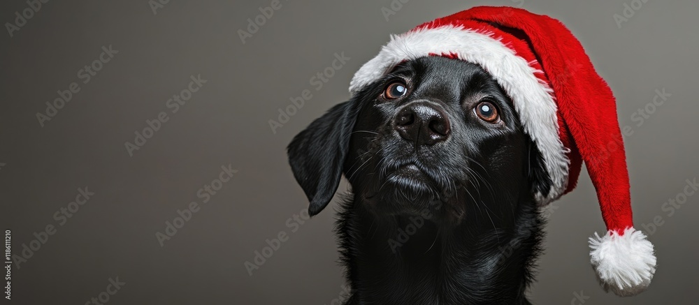 Poster a black dog wearing a red santa claus hat appears curious about the noise she heard merry christmas.