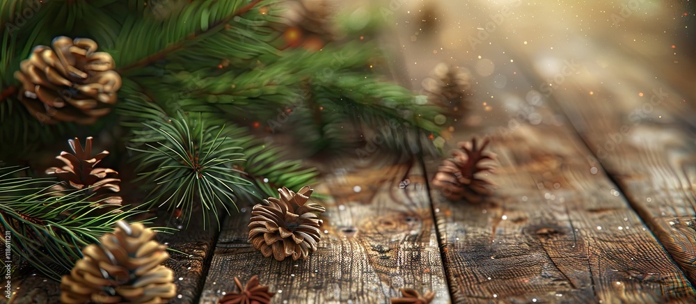 Poster christmas elements from a tree branch on an aged wooden table merry christmas. with copy space image