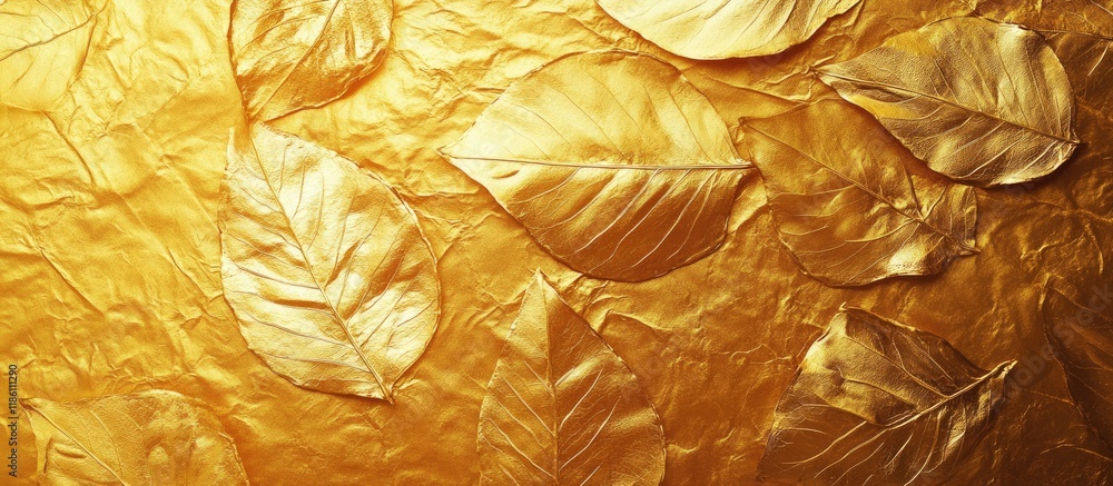 Poster Glossy yellow leaf gold foil texture backdrop. with copy space image. Place for adding text or design