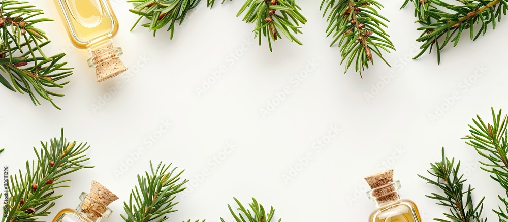 Aufkleber healing juniper oil concept aromatherapy juniper frame bottles and sprigs on a white background top 