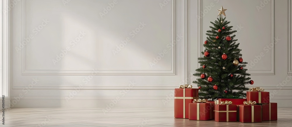 Poster Lovely Christmas tree with gift boxes in the room. with copy space image. Place for adding text or design