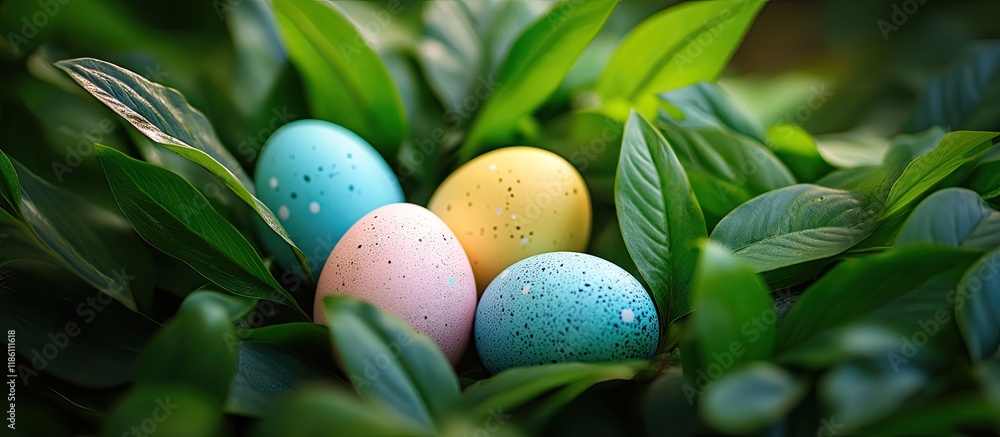 Aufkleber five easter eggs in blue yellow pink and green are nestled among green leaves easter backdrop look f