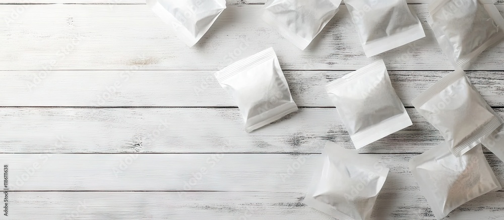 Aufkleber tea bags on a white wooden table viewed from above. with copy space image. place for adding text or 