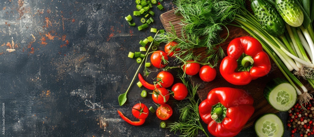 Poster red pepper green onions dill cucumbers red and orange tomatoes salad vegetables arranged on a cuttin