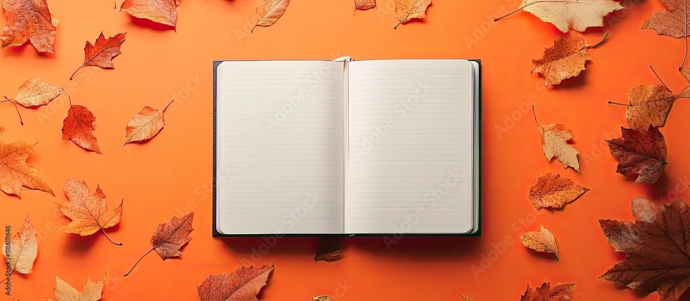 Poster Blank notebook with autumn leaves on an orange background. with copy space image. Place for adding text or design