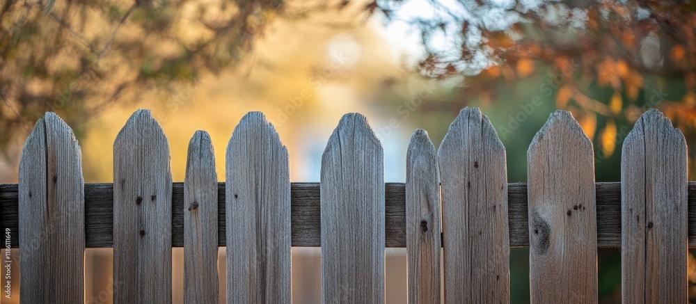 Aufkleber A close up image of the top of a wooden picket fence with branches hanging in the background. with copy space image. Place for adding text or design