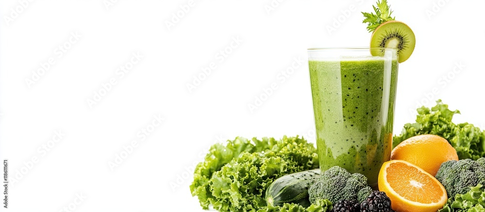 Leinwandbilder Green smoothie with fruits and vegetables set against a white background. with copy space image. Place for adding text or design