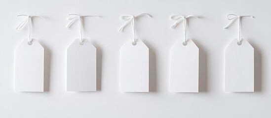 Multiple tea bags with blank labels on a white background A template featuring empty tags related to hot beverages. with copy space image. Place for adding text or design
