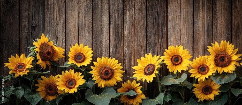 Fototapete sunflowers against a weathered wooden backdrop area for text. with copy space image. place for addin