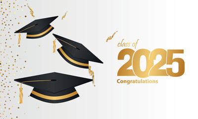 Class of 2025. Congratulations lettering logo design. Congratulations graduation gold 2025 number with black academic graduation cap. Vector illustration