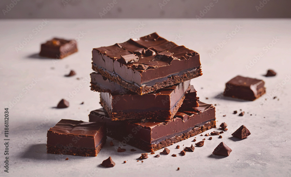 Poster Stack of chocolate bars with chocolate chips on top. There are four bars in the stack