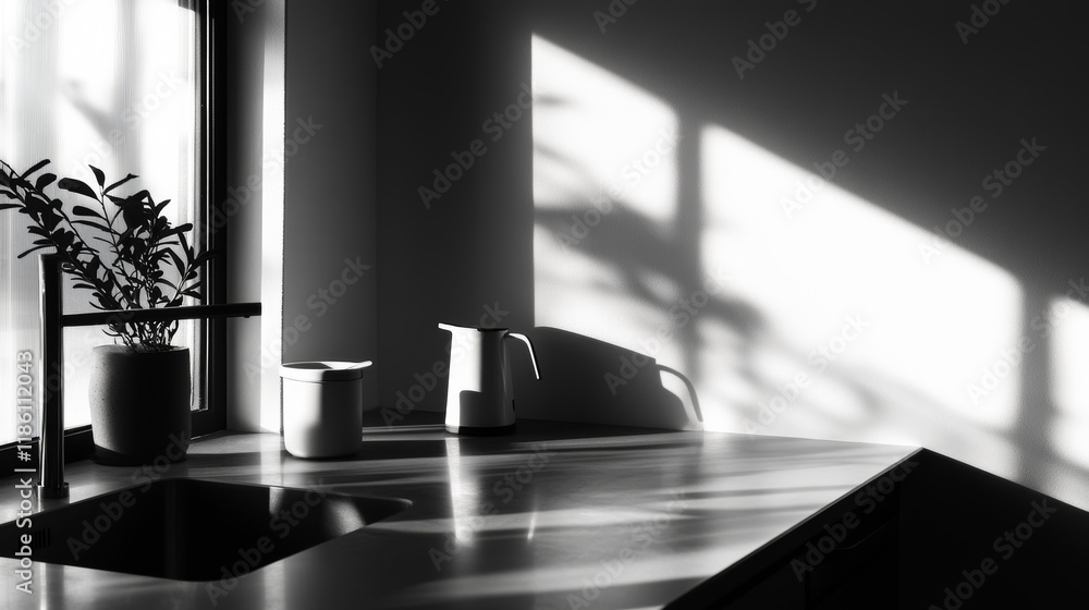 Aufkleber minimal metal limbo style kitchen desk surface illuminated by window light creating diagonal shadow 