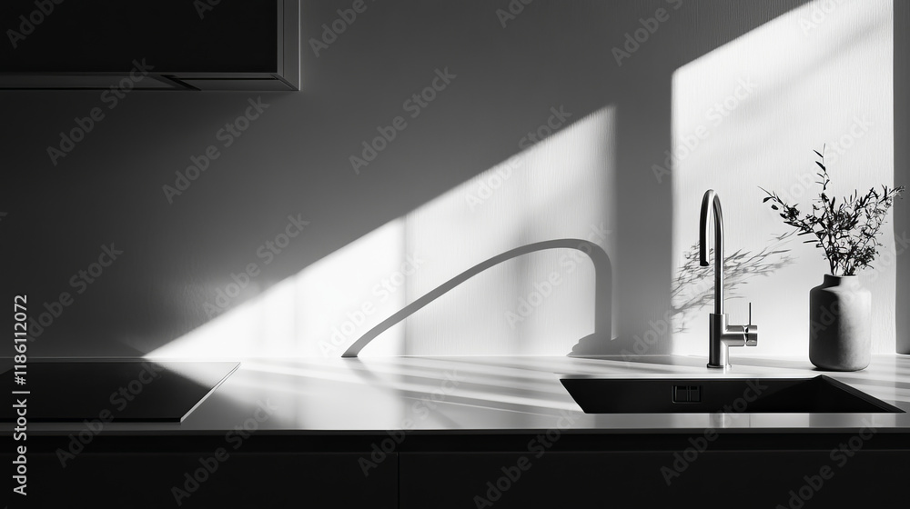Aufkleber minimal metal limbo style kitchen desk surface illuminated by window light creating diagonal shadow 