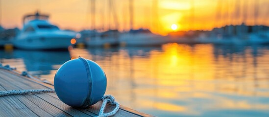 Sailboat protective balls sports marina area Copy Space with a blurred background of other docked ships during a sunset scene Nautical detail