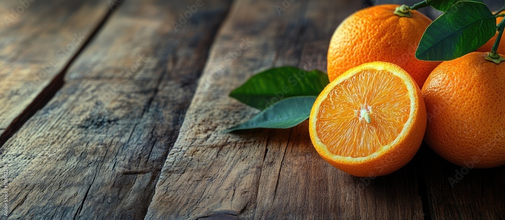 Fototapete fresh organic oranges on a wooden table close up. with copy space image. place for adding text or de