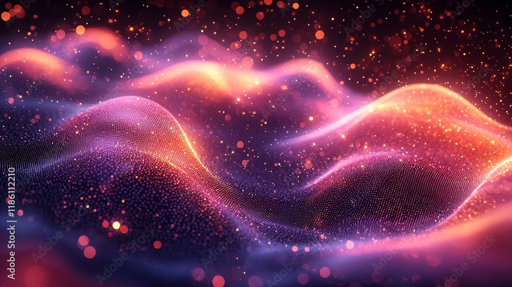 Poster in this abstract 3d animation, vibrant flowing particles generate colorful, curled lines and swirlin