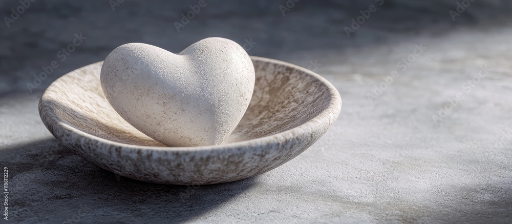 Aufkleber stone heart in a porcelain dish on a gray surface valentine s day. with copy space image. place for 