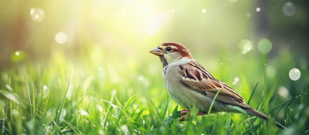 Aufkleber a female house sparrow is perched in the green grass. with copy space image. place for adding text o