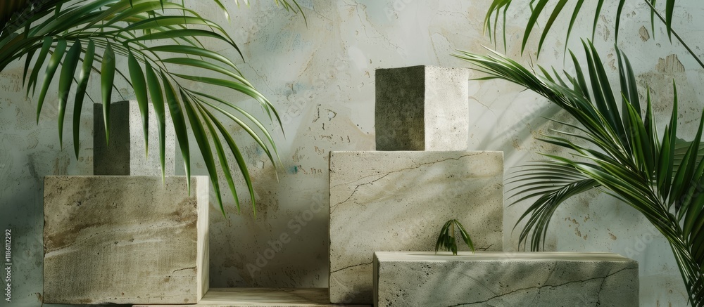 Poster Abstract modern still life Natural elements Arrangement of palm leaves travertine and concrete blocks. with copy space image. Place for adding text or design