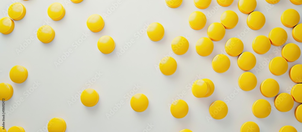 Poster yellow round capsules spread across a white background viewed from above. with copy space image. Place for adding text or design