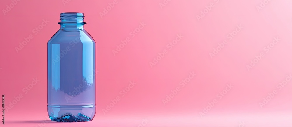 Poster blue clear empty plastic bottle on a pink background. with copy space image. place for adding text o