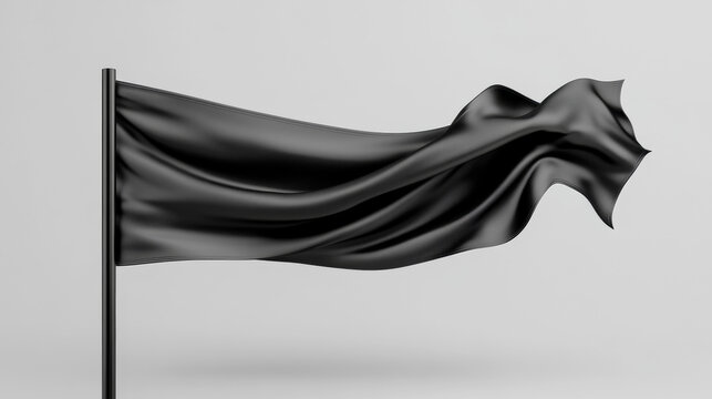 3d black fabric flag shape banner realistic mockup. Textile university pennant template isolated pole design. Glossy wavy satin canvas of flagstaff set. Blank long flex cloth tag wave on wind