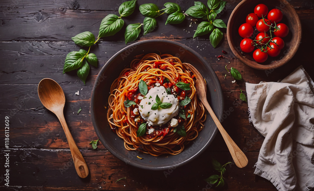 Poster bowl of pasta with a white sauce and a spoon next to it. a bowl of tomatoes and basil is on the tabl
