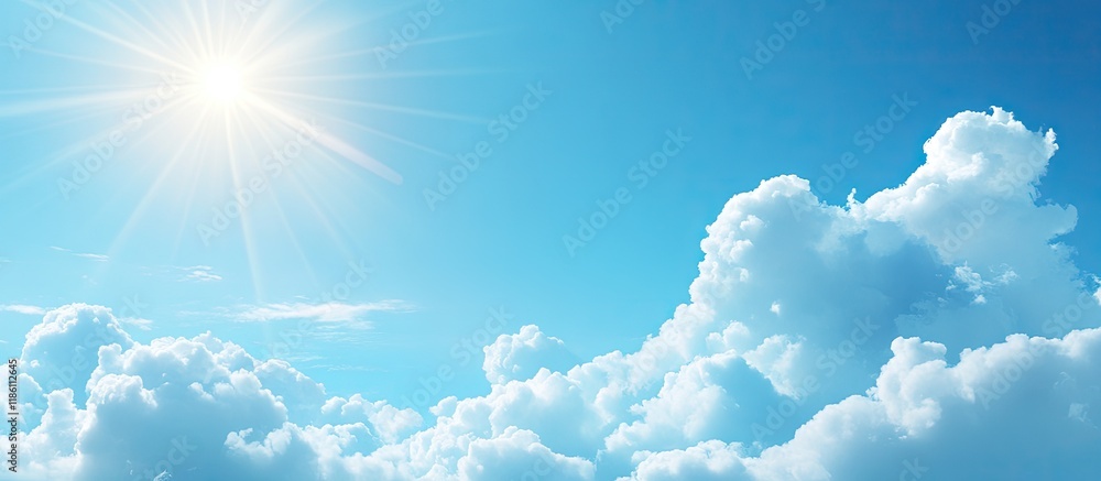 Poster bright sun shining against clear blue skies with fluffy white clouds. with copy space image. place f