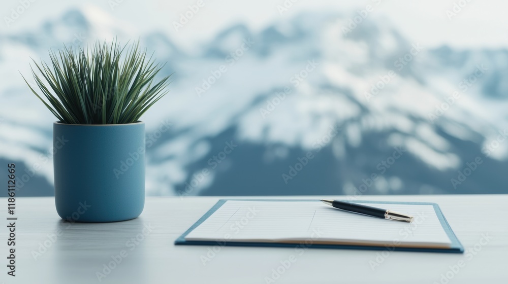 Aufkleber Modern workspace with an open planner and pen, featuring a professional environment geared towards productivity