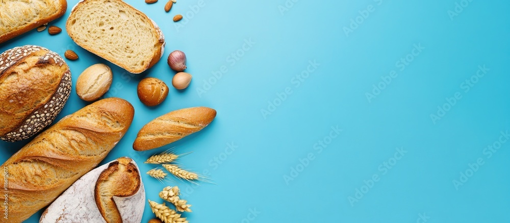 Poster top view of bread and bakery items on a blue background images related to food and health concepts. 