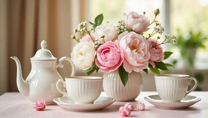 Elegant tea party bouquet with peonies and teacups, festive charm