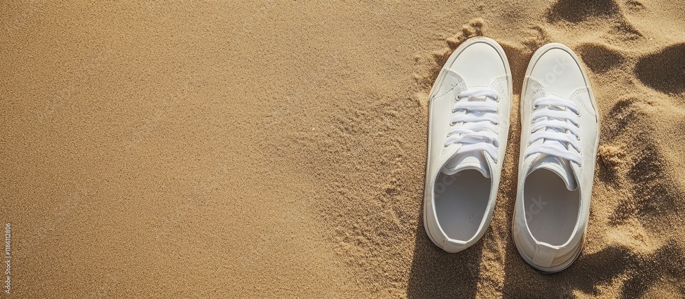 Poster Footwear on beach sand. with copy space image. Place for adding text or design