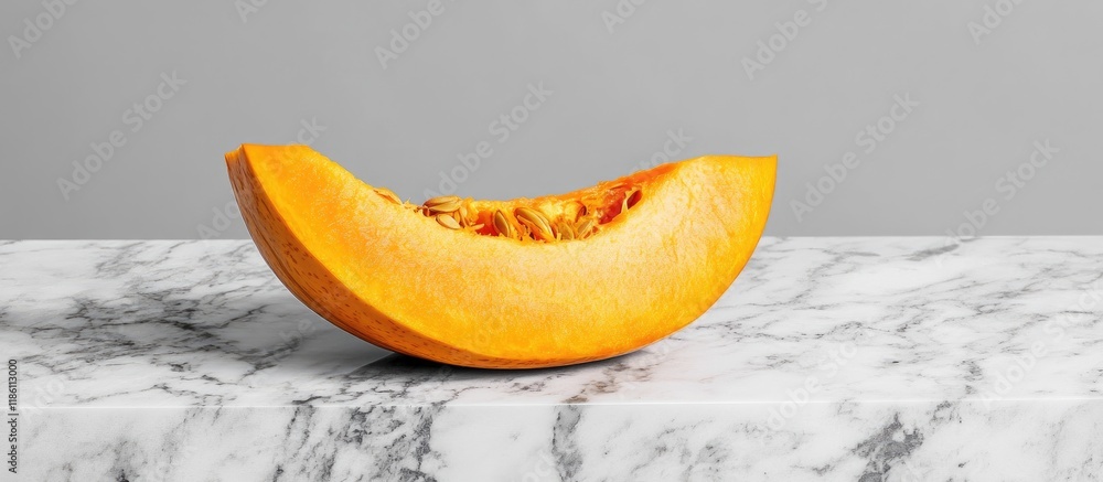 Poster a piece of pumpkin on a marble table. with copy space image. place for adding text or design