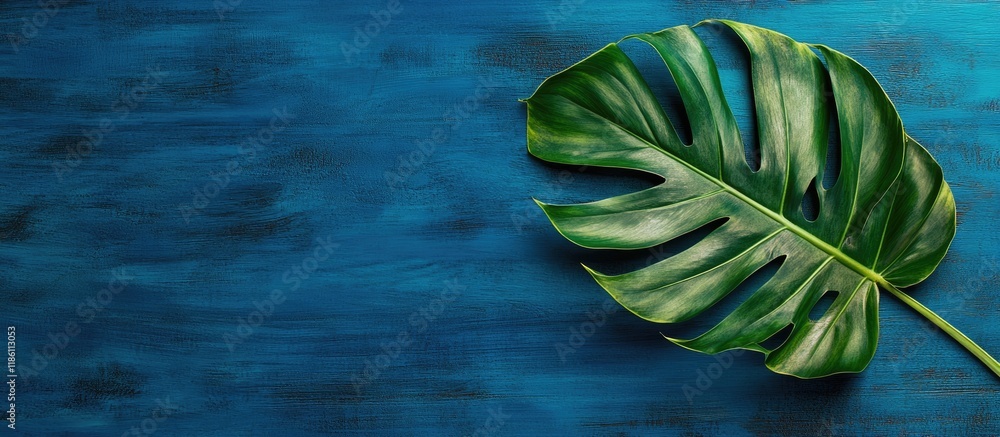 Leinwandbilder top view of a large green leaf from an exotic parlor palm on a blue wooden textured tabletop featuri