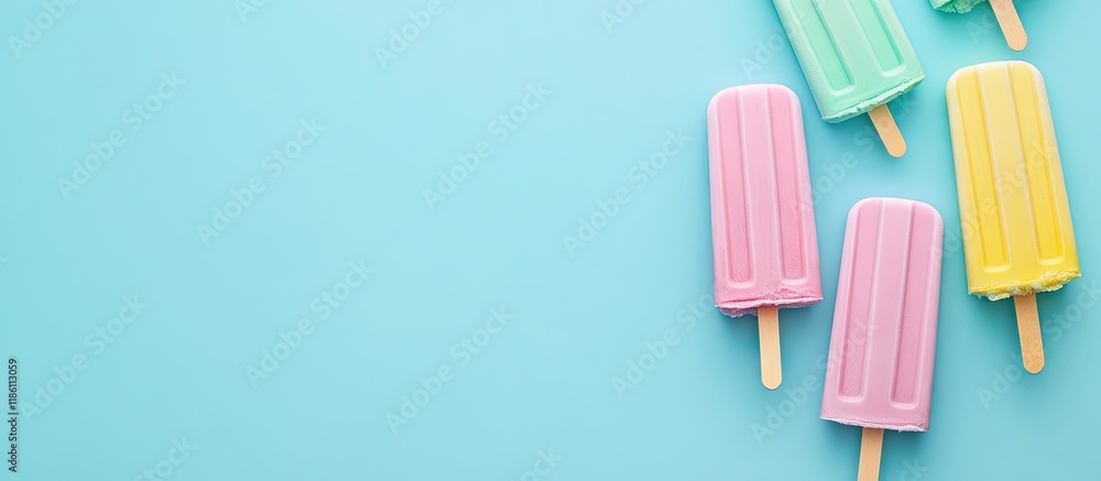 Aufkleber Top view of pastel popsicles with copy space minimal summer concept on a light blue background