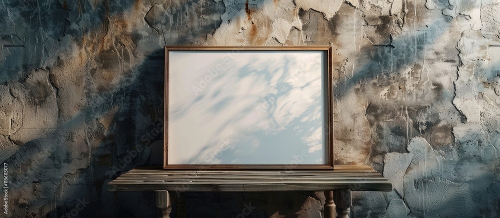Aufkleber empty wooden frame for a message or poster positioned on a wooden board against a background of text