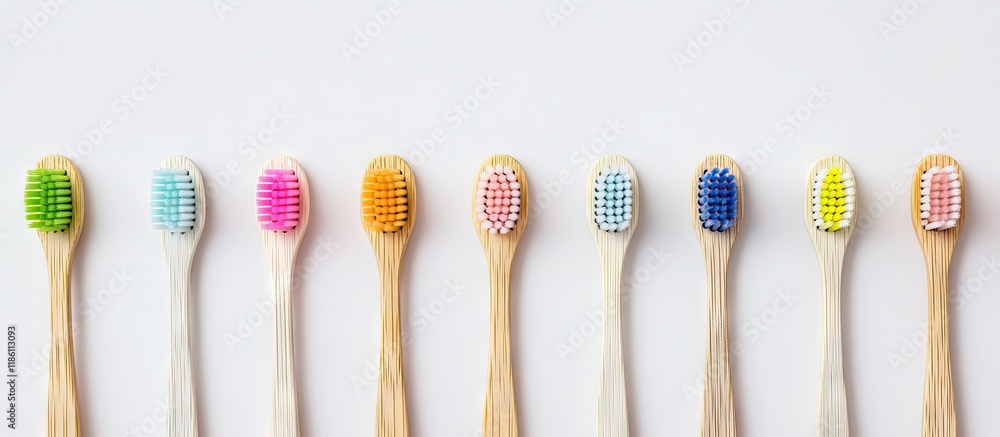 Aufkleber Bamboo toothbrushes set against a white background with colored bristles. with copy space image. Place for adding text or design