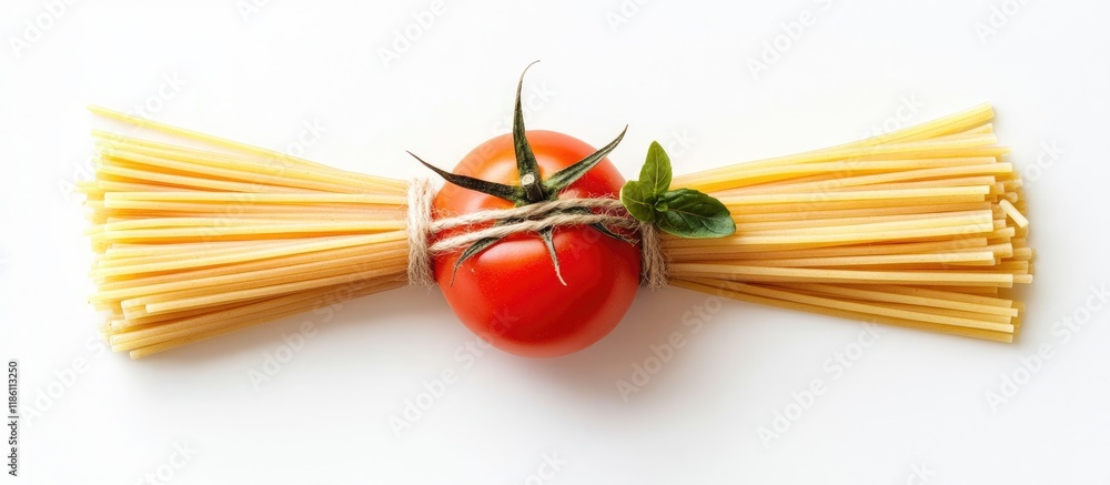 Poster spaghetti garlic and a tomato isolated on a white background raw italian dried spaghetti tied with a