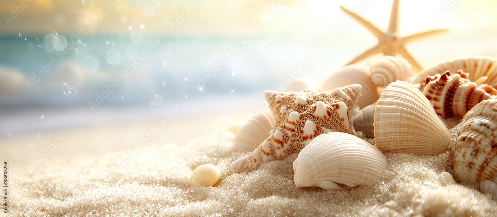Poster Close up of sea shells and a star on a sandy background with copy space A natural summer backdrop featuring fine white sand Selective focus