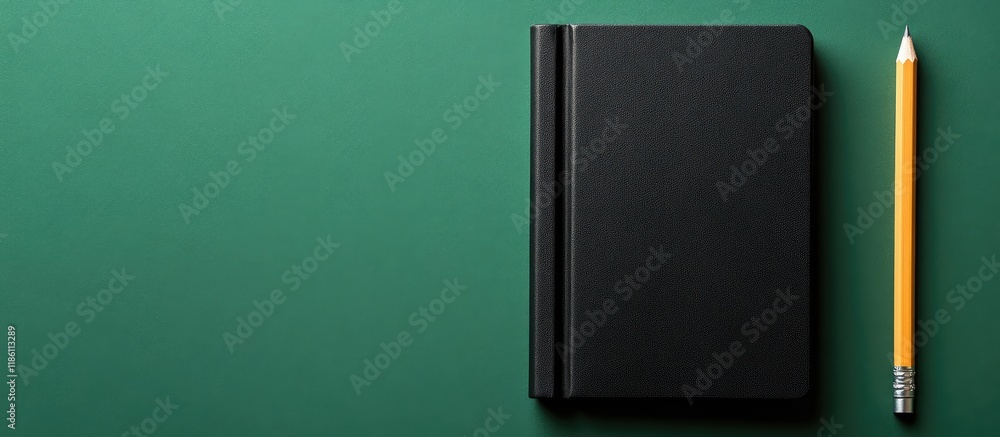 Poster black diary beside a pencil on a green background office work theme. with copy space image. place fo