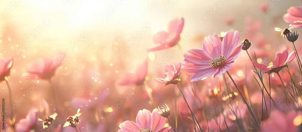 Leinwandbilder Stunning Cosmos Flowers in a Summer Field Abundant with Bees and Other Pollinators. with copy space image. Place for adding text or design
