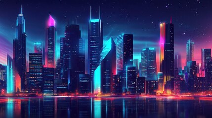 Fototapeta premium Nighttime cityscape with neon lights reflecting on water