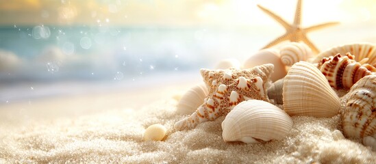 Close up of sea shells and a star on a sandy background with copy space A natural summer backdrop featuring fine white sand Selective focus