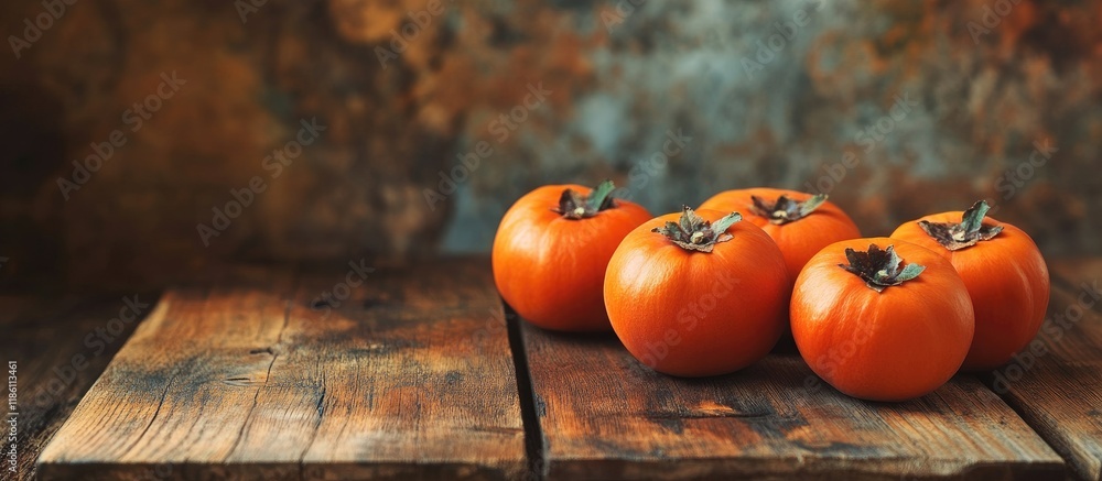 Poster Ripe orange persimmons on a brown wooden table Background of persimmons with copyspace for text