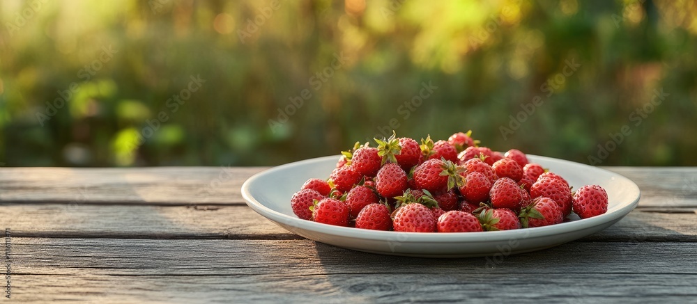 Poster ripe red wild strawberries on a plate on an outdoor wooden table. with copy space image. place for a
