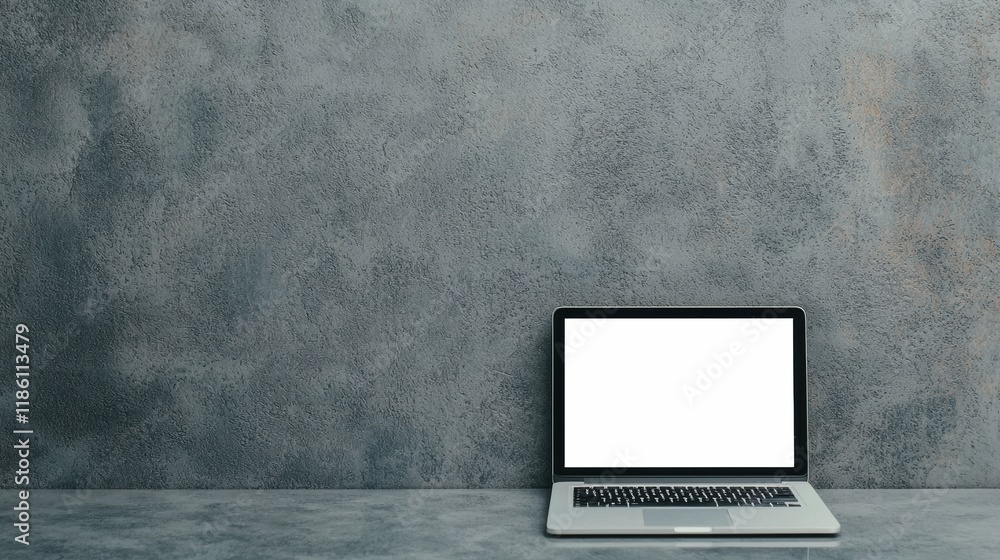 Poster Open laptop with blank screen on gray concrete desk showing minimalist workspace