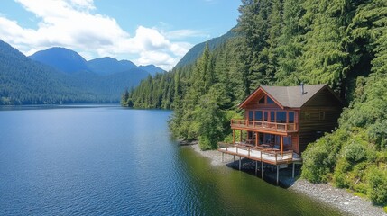 Fototapeta premium Small wooden cabin near a reservoir, surrounded by dense forest and calm waters.